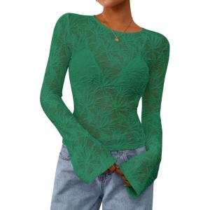 imagePRETTYGARDEN Womens Lace Long Bell Sleeve Tops 2026 Fall Sexy See Through Sheer Floral Blouse Shirt Spring Going Out OutfitsGreen