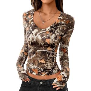 imagePRETTYGARDEN Womens Long Sleeve T Shirts 2026 Fall Trendy Deep V Neck Slim Fit Basic Crop Tops Casual Going Out TopKhaki Floral