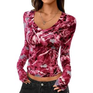 imagePRETTYGARDEN Womens Long Sleeve T Shirts 2026 Fall Trendy Deep V Neck Slim Fit Basic Crop Tops Casual Going Out TopRed Floral