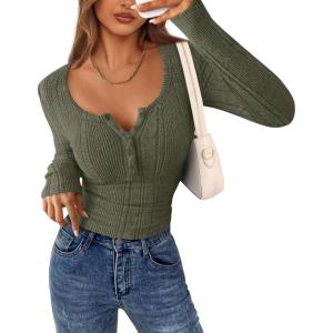 imagePRETTYGARDEN Womens Long Sleeve Tops 2026 Spring Fashion Clothes Henley Shirts Slim Fitted Ribbed Tees Blouses Fall OutfitsArmy Green