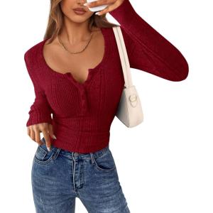 imagePRETTYGARDEN Womens Long Sleeve Tops 2026 Spring Fashion Clothes Henley Shirts Slim Fitted Ribbed Tees Blouses Fall OutfitsBurgundy