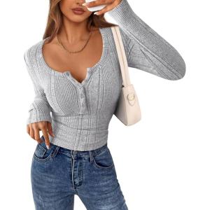 imagePRETTYGARDEN Womens Long Sleeve Tops 2026 Spring Fashion Clothes Henley Shirts Slim Fitted Ribbed Tees Blouses Fall OutfitsLight Grey