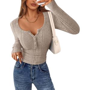 imagePRETTYGARDEN Womens Long Sleeve Tops 2026 Spring Fashion Clothes Henley Shirts Slim Fitted Ribbed Tees Blouses Fall OutfitsLight Khaki