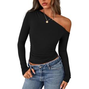 imagePRETTYGARDEN Womens Off Shoulder Long Sleeve Shirts 2026 Fall Ruched Fitted Asymmetrical Going Out Tops Trendy Y2K ClothesBlack