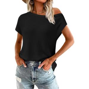 imagePRETTYGARDEN Womens Off The Shoulder Tops 2026 Summer Casual Short Sleeve Tunic T Shirts Lightweight Knit SweatersBlack