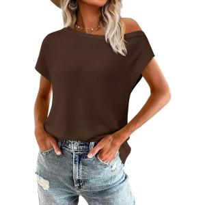 imagePRETTYGARDEN Womens Off The Shoulder Tops 2026 Summer Casual Short Sleeve Tunic T Shirts Lightweight Knit SweatersCoffee