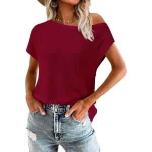 imagePRETTYGARDEN Womens Off The Shoulder Tops 2026 Summer Casual Short Sleeve Tunic T Shirts Lightweight Knit SweatersWine Red