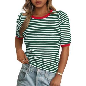 imagePRETTYGARDEN Womens Puff Short Sleeve Summer Tops 2026 Casual Ribbed Knit Work Basic Tees Crewneck Spring Striped T ShirtsGreen