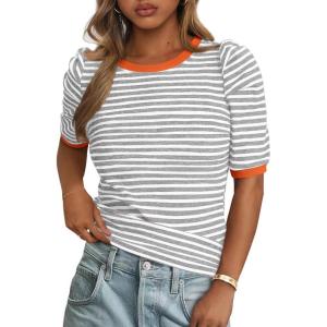 imagePRETTYGARDEN Womens Puff Short Sleeve Summer Tops 2026 Casual Ribbed Knit Work Basic Tees Crewneck Spring Striped T ShirtsGrey