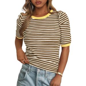 imagePRETTYGARDEN Womens Puff Short Sleeve Summer Tops 2026 Casual Ribbed Knit Work Basic Tees Crewneck Spring Striped T ShirtsKhaki