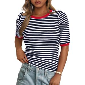 imagePRETTYGARDEN Womens Puff Short Sleeve Summer Tops 2026 Casual Ribbed Knit Work Basic Tees Crewneck Spring Striped T ShirtsNavy