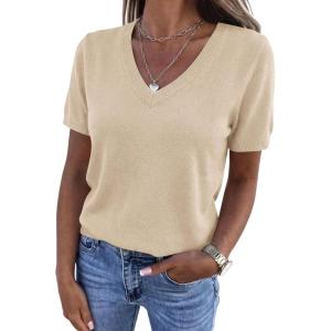imagePRETTYGARDEN Womens Short Sleeve Sweaters V Neck Business Casual Tops Lightweight Sweater Shirts 2026 Summer Spring OutfitsApricot