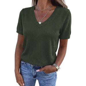 imagePRETTYGARDEN Womens Short Sleeve Sweaters V Neck Business Casual Tops Lightweight Sweater Shirts 2026 Summer Spring OutfitsArmy Green