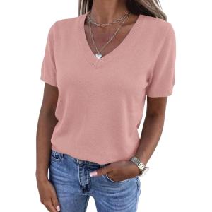 imagePRETTYGARDEN Womens Short Sleeve Sweaters V Neck Business Casual Tops Lightweight Sweater Shirts 2026 Summer Spring OutfitsDusty Pink