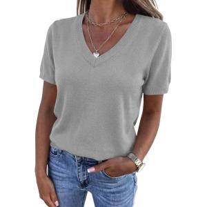 imagePRETTYGARDEN Womens Short Sleeve Sweaters V Neck Business Casual Tops Lightweight Sweater Shirts 2026 Summer Spring OutfitsGrey