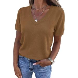 imagePRETTYGARDEN Womens Short Sleeve Sweaters V Neck Business Casual Tops Lightweight Sweater Shirts 2026 Summer Spring OutfitsKhaki
