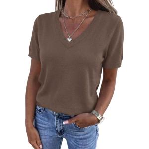 imagePRETTYGARDEN Womens Short Sleeve Sweaters V Neck Business Casual Tops Lightweight Sweater Shirts 2026 Summer Spring OutfitsLight Brown