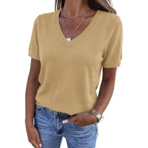 imagePRETTYGARDEN Womens Short Sleeve Sweaters V Neck Business Casual Tops Lightweight Sweater Shirts 2026 Summer Spring OutfitsLight Khaki