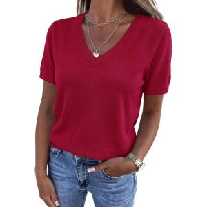 imagePRETTYGARDEN Womens Short Sleeve Sweaters V Neck Business Casual Tops Lightweight Sweater Shirts 2026 Summer Spring OutfitsRed