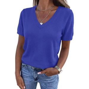 imagePRETTYGARDEN Womens Short Sleeve Sweaters V Neck Business Casual Tops Lightweight Sweater Shirts 2026 Summer Spring OutfitsRoyal Blue