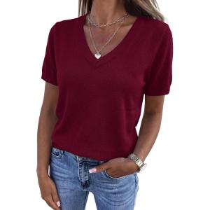 imagePRETTYGARDEN Womens Short Sleeve Sweaters V Neck Business Casual Tops Lightweight Sweater Shirts 2026 Summer Spring OutfitsWine Red
