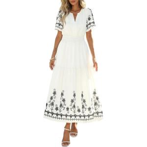 imagePRETTYGARDEN Womens Summer Boho Maxi Dress 2026 Spring Floral Short Sleeve V Neck A Line Flowy Beach Wedding Guest DressesBeige