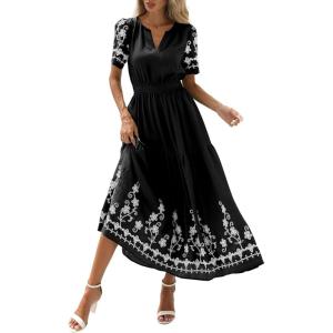 imagePRETTYGARDEN Womens Summer Boho Maxi Dress 2026 Spring Floral Short Sleeve V Neck A Line Flowy Beach Wedding Guest DressesBlack