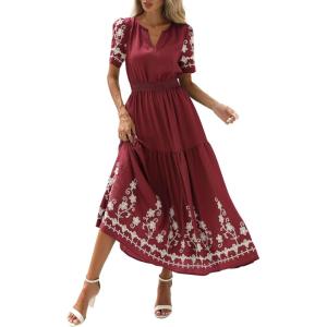 imagePRETTYGARDEN Womens Summer Boho Maxi Dress 2026 Spring Floral Short Sleeve V Neck A Line Flowy Beach Wedding Guest DressesBurgundy