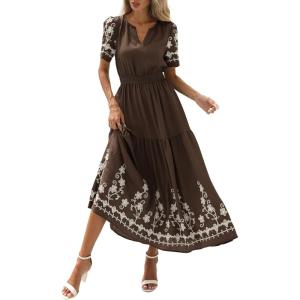imagePRETTYGARDEN Womens Summer Boho Maxi Dress 2026 Spring Floral Short Sleeve V Neck A Line Flowy Beach Wedding Guest DressesCoffee