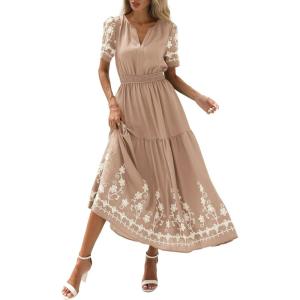 imagePRETTYGARDEN Womens Summer Boho Maxi Dress 2026 Spring Floral Short Sleeve V Neck A Line Flowy Beach Wedding Guest DressesKhaki