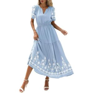 imagePRETTYGARDEN Womens Summer Boho Maxi Dress 2026 Spring Floral Short Sleeve V Neck A Line Flowy Beach Wedding Guest DressesLight Blue