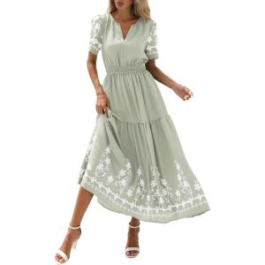 imagePRETTYGARDEN Womens Summer Boho Maxi Dress 2026 Spring Floral Short Sleeve V Neck A Line Flowy Beach Wedding Guest DressesLight Green
