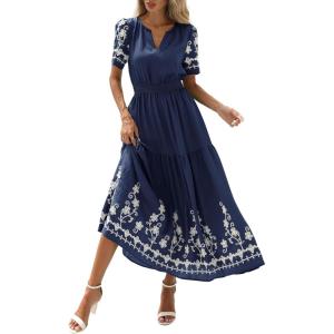 imagePRETTYGARDEN Womens Summer Boho Maxi Dress 2026 Spring Floral Short Sleeve V Neck A Line Flowy Beach Wedding Guest DressesNavy Blue