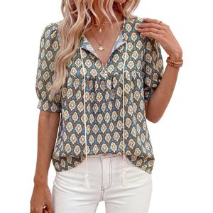 imagePRETTYGARDEN Womens Summer Boho Tops 2026 Tie Front V Neck Print Loose Fit Short Sleeve Peasant Blouses Vacation OutfitsBlue