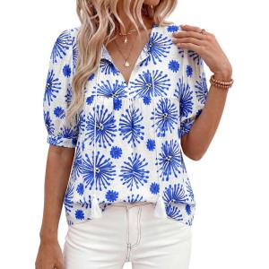 imagePRETTYGARDEN Womens Summer Boho Tops 2026 Tie Front V Neck Print Loose Fit Short Sleeve Peasant Blouses Vacation OutfitsFloral White Blue