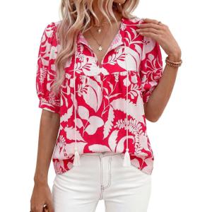 imagePRETTYGARDEN Womens Summer Boho Tops 2026 Tie Front V Neck Print Loose Fit Short Sleeve Peasant Blouses Vacation OutfitsRed Flower
