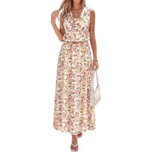 imagePRETTYGARDEN Womens Summer Floral Maxi Dresses 2026 Spring Sleeveless Cowl Neck Flowy Beach Vacation Wedding Guest Long DressFloral Apricot
