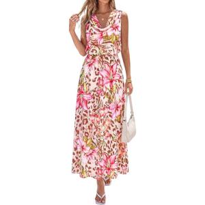 imagePRETTYGARDEN Womens Summer Floral Maxi Dresses 2026 Spring Sleeveless Cowl Neck Flowy Beach Vacation Wedding Guest Long DressFloral Apricot Pink