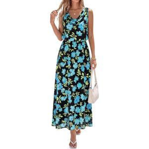 imagePRETTYGARDEN Womens Summer Floral Maxi Dresses 2026 Spring Sleeveless Cowl Neck Flowy Beach Vacation Wedding Guest Long DressFlower Black Blue Green