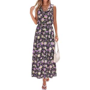 imagePRETTYGARDEN Womens Summer Floral Maxi Dresses 2026 Spring Sleeveless Cowl Neck Flowy Beach Vacation Wedding Guest Long DressFlower Black Purple