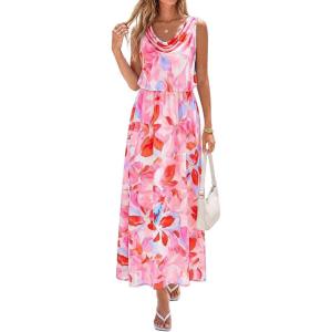 imagePRETTYGARDEN Womens Summer Floral Maxi Dresses 2026 Spring Sleeveless Cowl Neck Flowy Beach Vacation Wedding Guest Long DressPink Floral