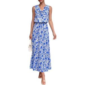 imagePRETTYGARDEN Womens Summer Floral Maxi Dresses 2026 Spring Sleeveless Cowl Neck Flowy Beach Vacation Wedding Guest Long DressWhite Blue Flower