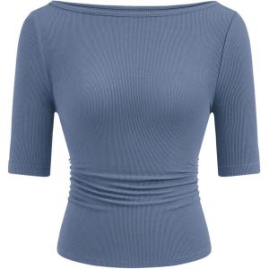 imagePRETTYGARDEN Womens Summer Short Sleeve Tops Boat Neck Ribbed Knit Slim Fit T Shirt Casual Basic Top 2026 Spring ClothesBlue Grey