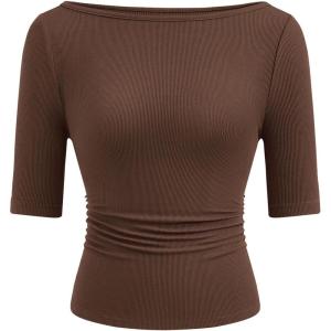 imagePRETTYGARDEN Womens Summer Short Sleeve Tops Boat Neck Ribbed Knit Slim Fit T Shirt Casual Basic Top 2026 Spring ClothesBrown