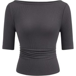 imagePRETTYGARDEN Womens Summer Short Sleeve Tops Boat Neck Ribbed Knit Slim Fit T Shirt Casual Basic Top 2026 Spring ClothesDark Grey