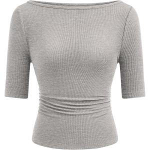 imagePRETTYGARDEN Womens Summer Short Sleeve Tops Boat Neck Ribbed Knit Slim Fit T Shirt Casual Basic Top 2026 Spring ClothesGrey