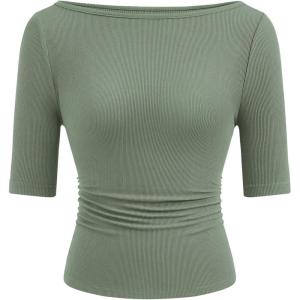 imagePRETTYGARDEN Womens Summer Short Sleeve Tops Boat Neck Ribbed Knit Slim Fit T Shirt Casual Basic Top 2026 Spring ClothesGrey Green