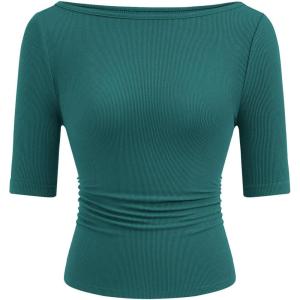 imagePRETTYGARDEN Womens Summer Short Sleeve Tops Boat Neck Ribbed Knit Slim Fit T Shirt Casual Basic Top 2026 Spring ClothesLake Blue