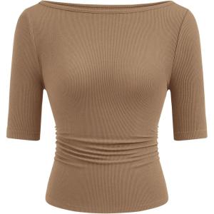 imagePRETTYGARDEN Womens Summer Short Sleeve Tops Boat Neck Ribbed Knit Slim Fit T Shirt Casual Basic Top 2026 Spring ClothesLight Khaki
