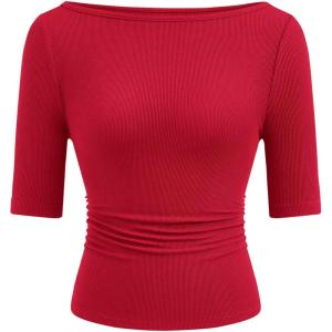 imagePRETTYGARDEN Womens Summer Short Sleeve Tops Boat Neck Ribbed Knit Slim Fit T Shirt Casual Basic Top 2026 Spring ClothesRed